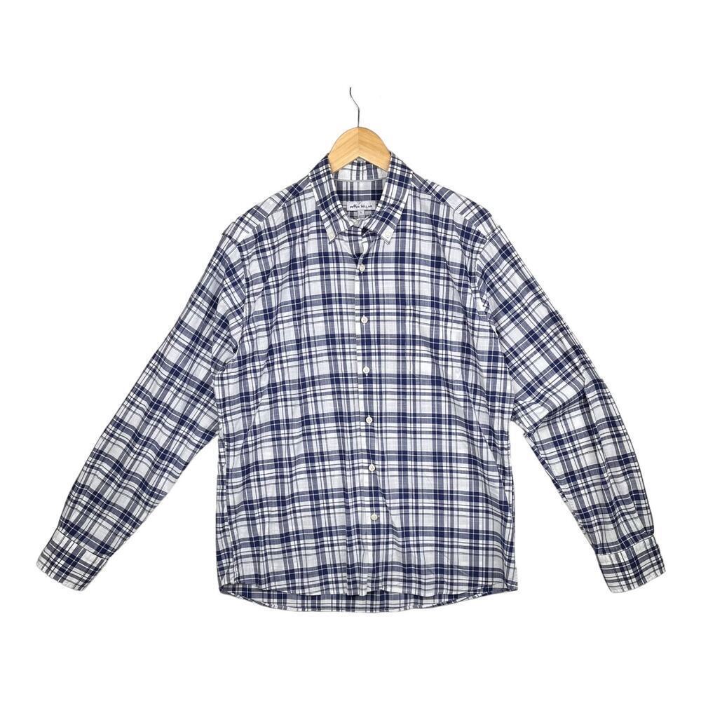 Peter Millar Blue White Rowan Crown Cotton Stretch Long Sleeve Shirt Size Large